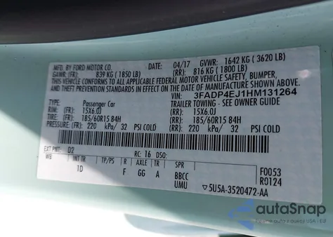 2017 Ford Fiesta Se z USA, uszkodzony, nr VIN 3FADP4EJ1HM131264